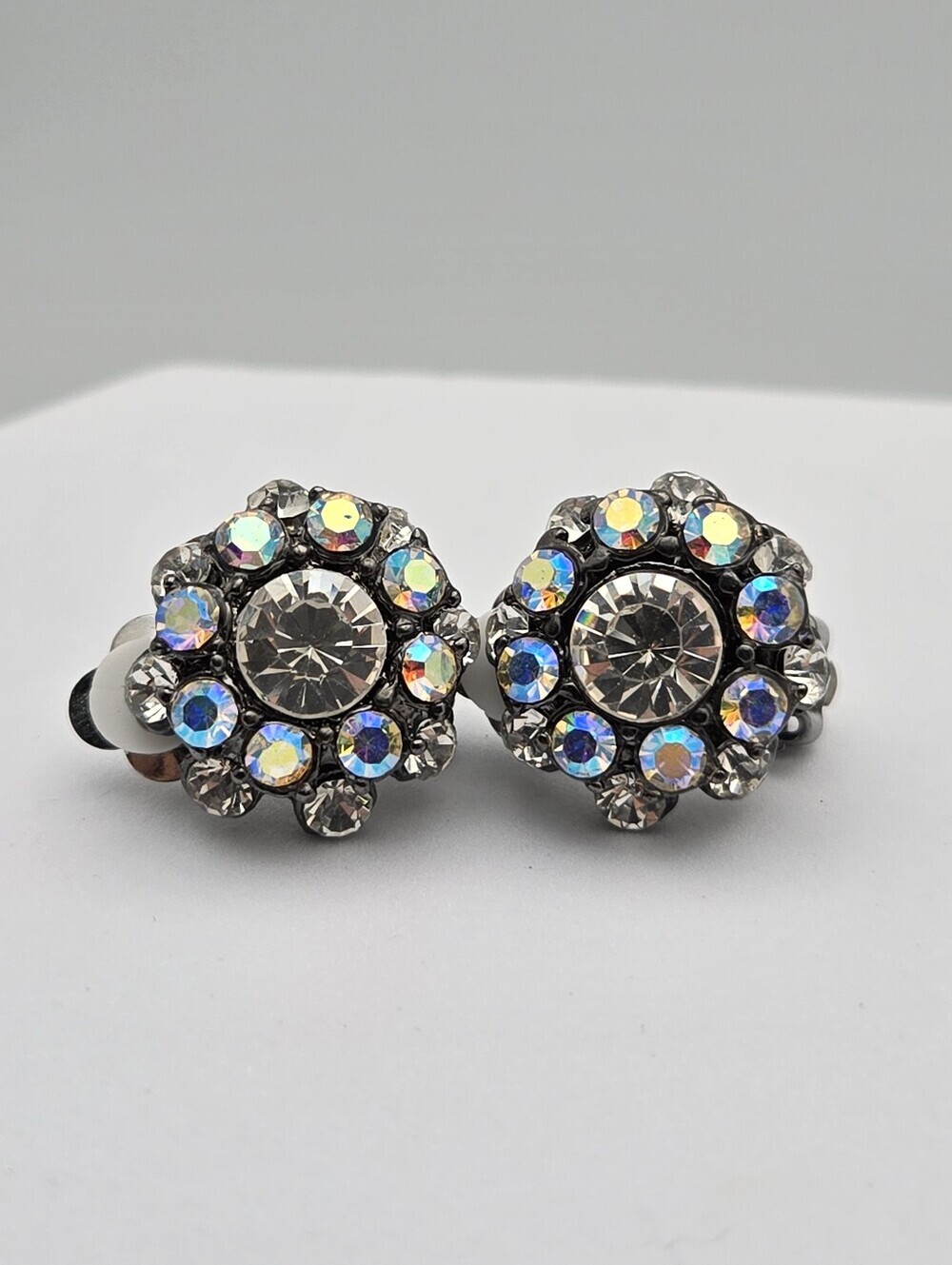 Vintage 1950s Aurora Borealis AB Rhinestone Clip-On Earrings Flower Cluster